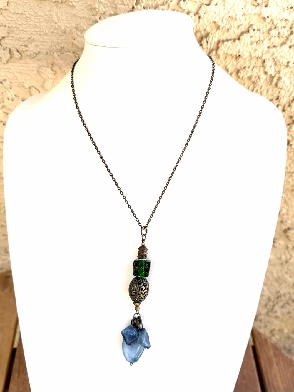 Antique-Style Green and Blue Glass Drop Necklace